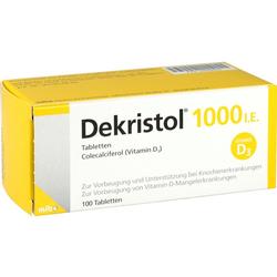 Gelbe Packung mit Tabletten Dekristol 1000 I.E., die Vitamin D3 enthalten.